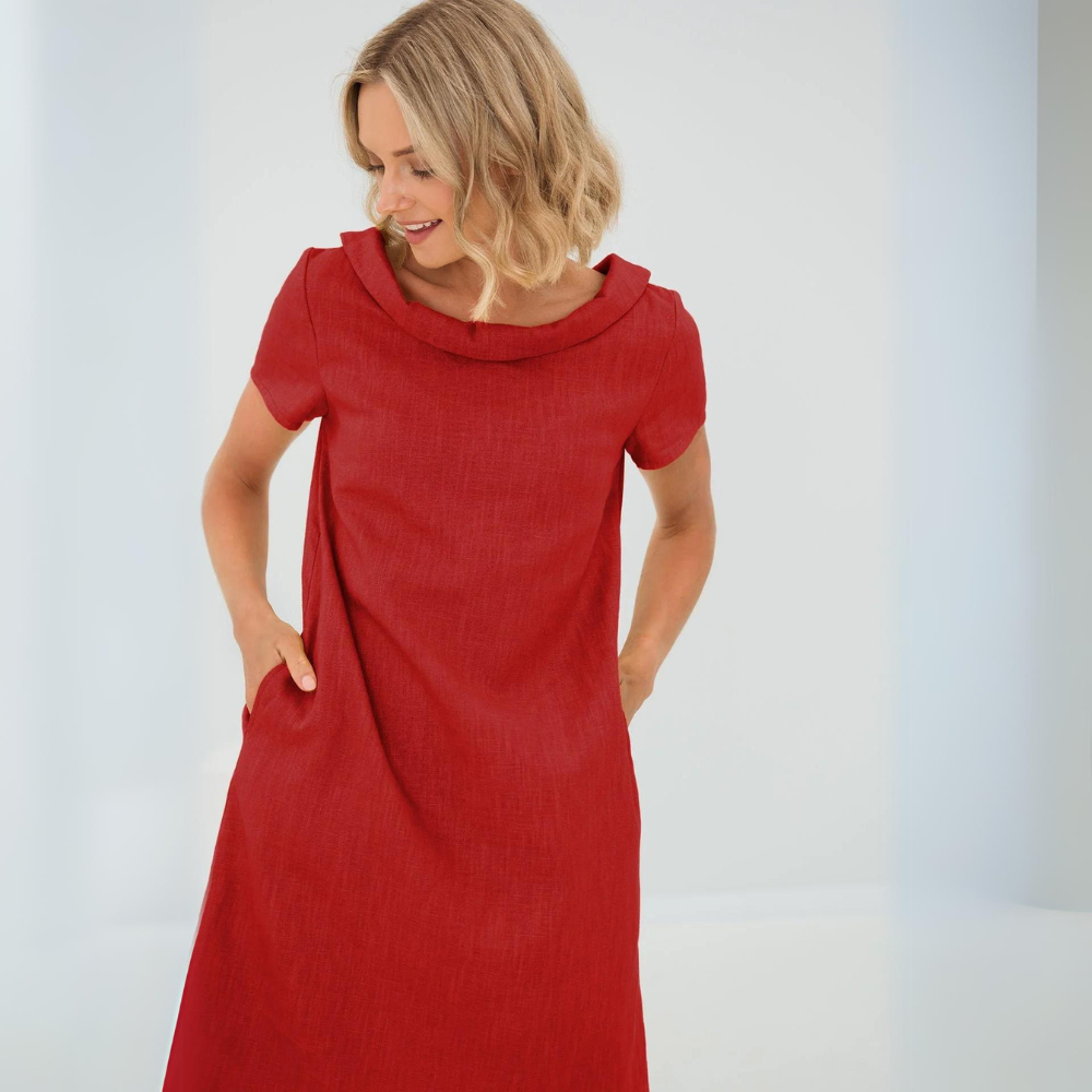 Effortless women's linen summer dress, Sofia style. Cool, elegant, short sleeve, and versatile for warm days.