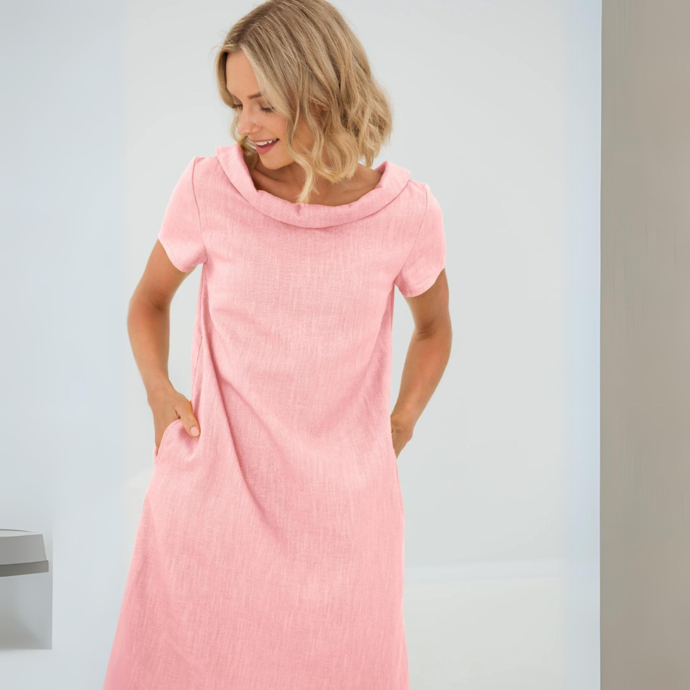 Effortless women's linen summer dress. Breezy, elegant, and cool short sleeve style for warm days.