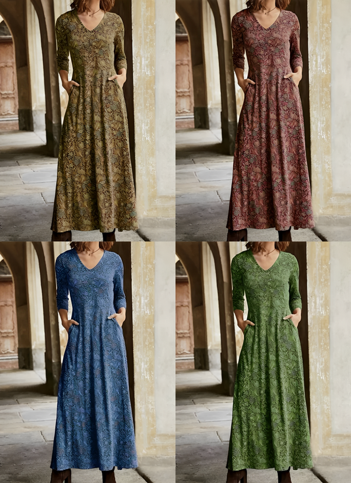 Elegant women's long dress with a sophisticated retro floral pattern, perfect for vintage style.