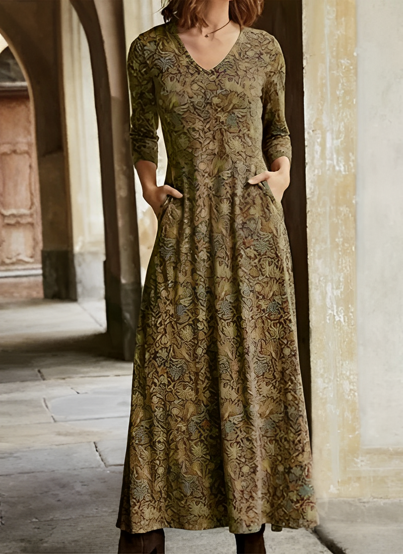Flowy women's long dress with an intricate retro pattern, embodying bohemian chic and vintage elegance.