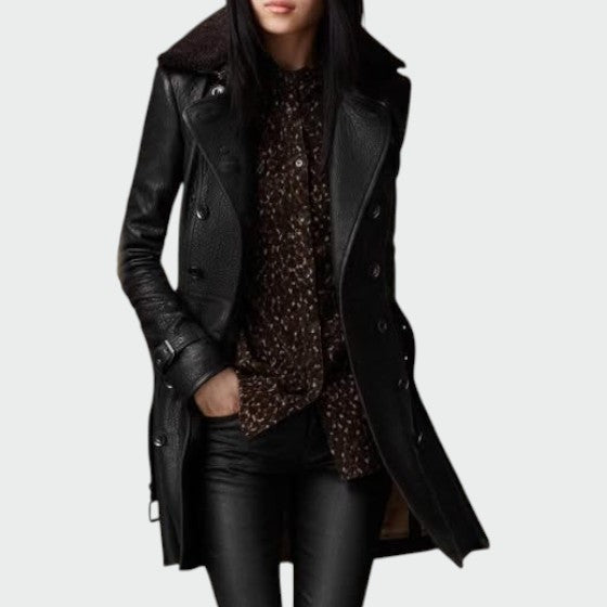 Elegant women's long faux leather coat for winter and autumn fashion