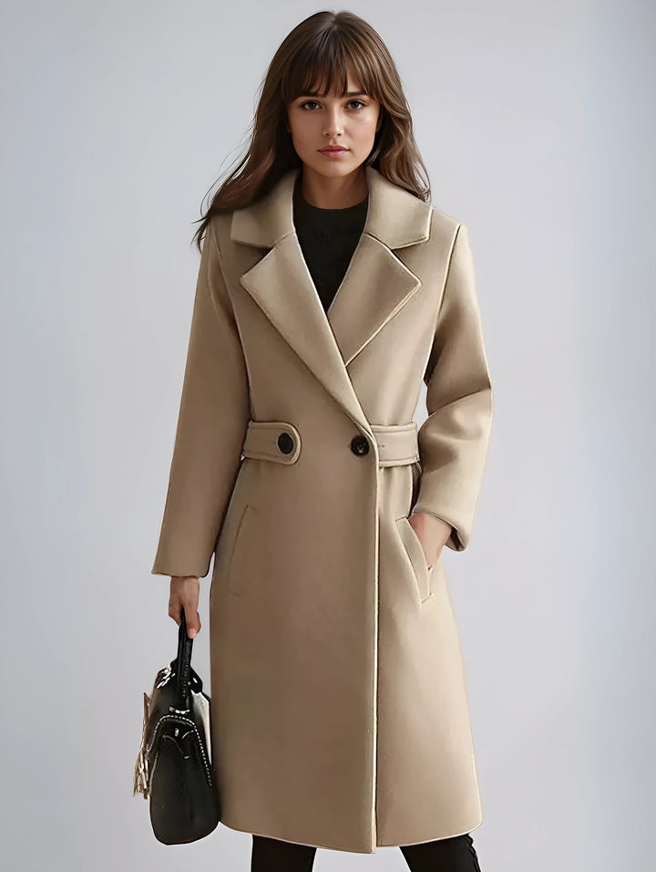 Elegant women's long formal trench coat in classic beige, perfect for workwear and outerwear.