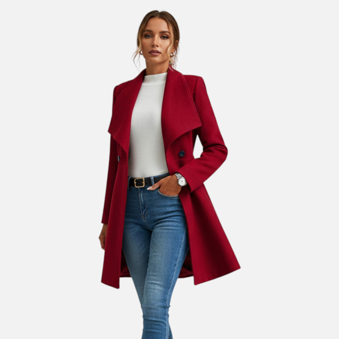 Stylish women's elegant lapel winter coat. Classic solid color outerwear for warmth & formal chic.