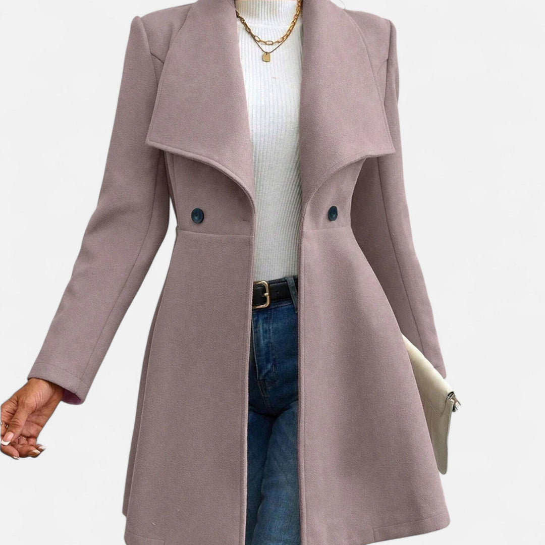 Sophisticated women's elegant lapel winter coat. Solid color, long design, ideal for classic formal outerwear.