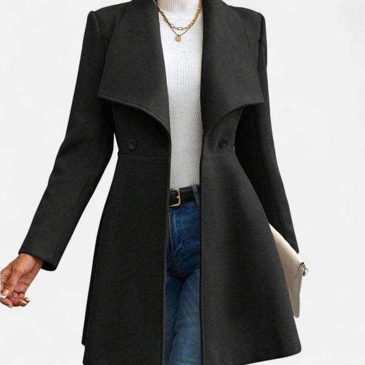 Women's warm and elegant lapel winter coat. Long button-up outerwear for classic formal wear or casual chic.
