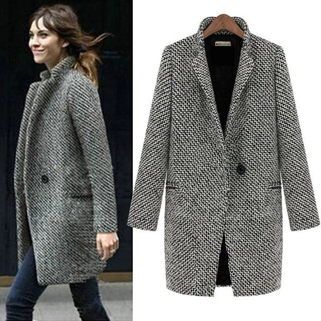 Elegant women's long olive wool coat, classic style for winter fashion outerwear.