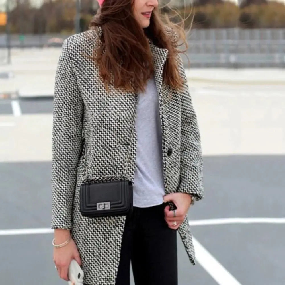 Women's long olive wool coat, perfect for elegant winter outerwear. Front view.