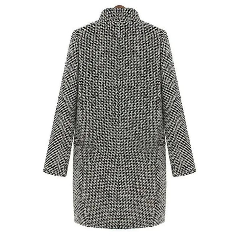 Classic olive long wool coat for women, warm winter fashion outerwear. Side view.