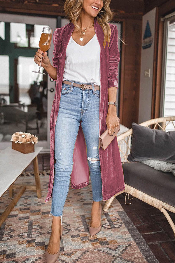 Women's duster-style long open-front coat, offering an elegant and chic silhouette for layering.