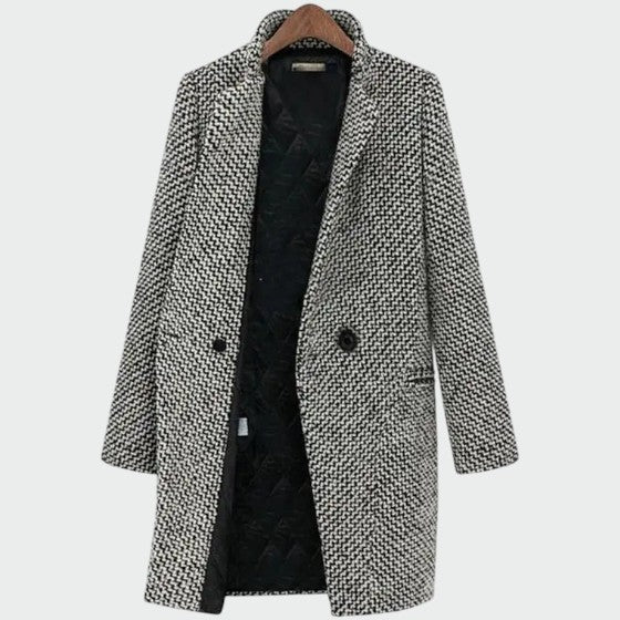 Elegant women's long overcoat in classic style, perfect for winter fashion and sophisticated outerwear.