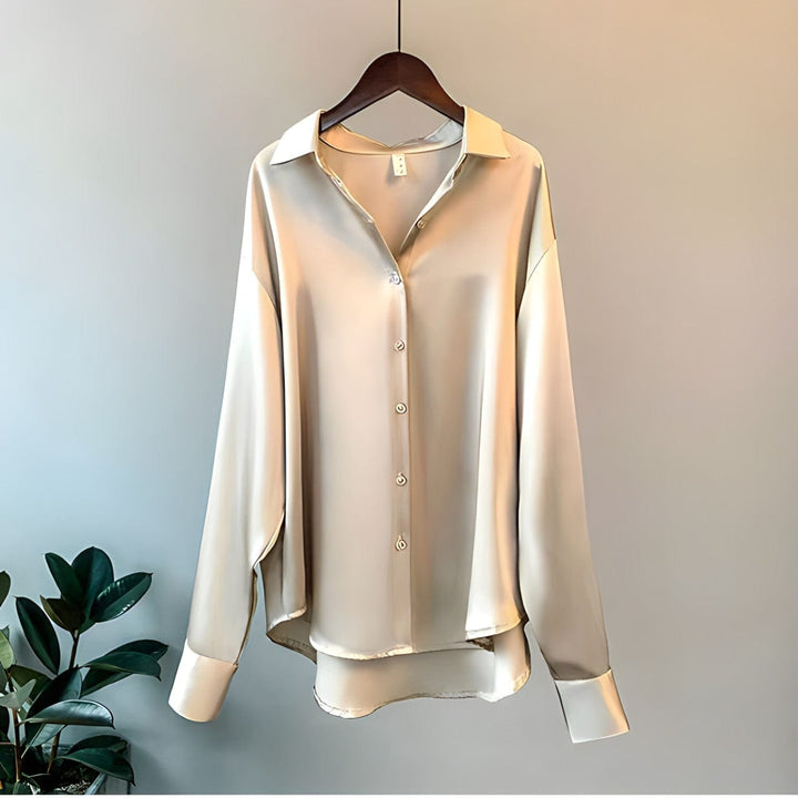 Champagne elegant long sleeve blouse for women. Stylish and versatile top, ideal for office or evening wear.