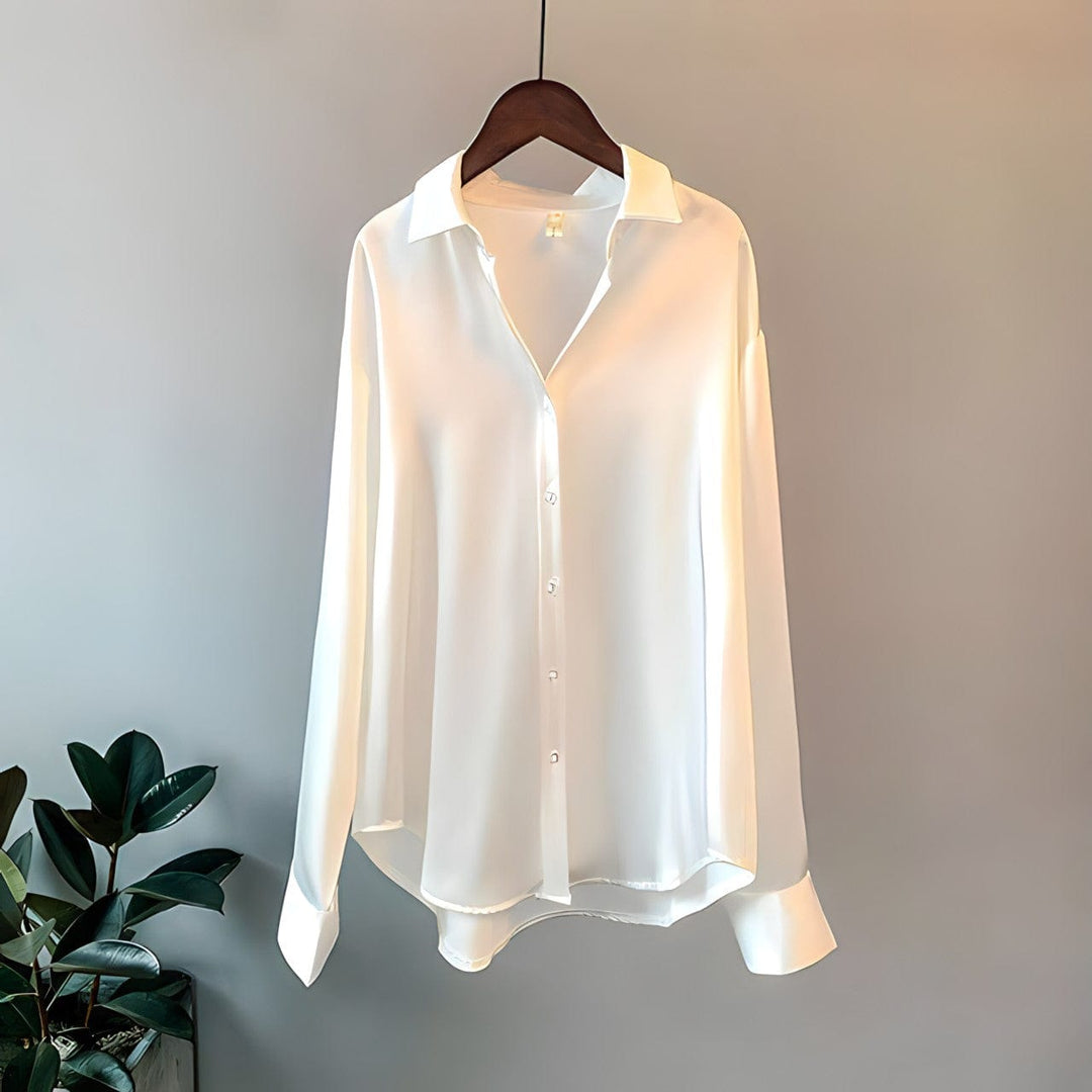 Gray-green elegant women's long sleeve blouse. Versatile fashion top, perfect as a dressy or casual shirt.