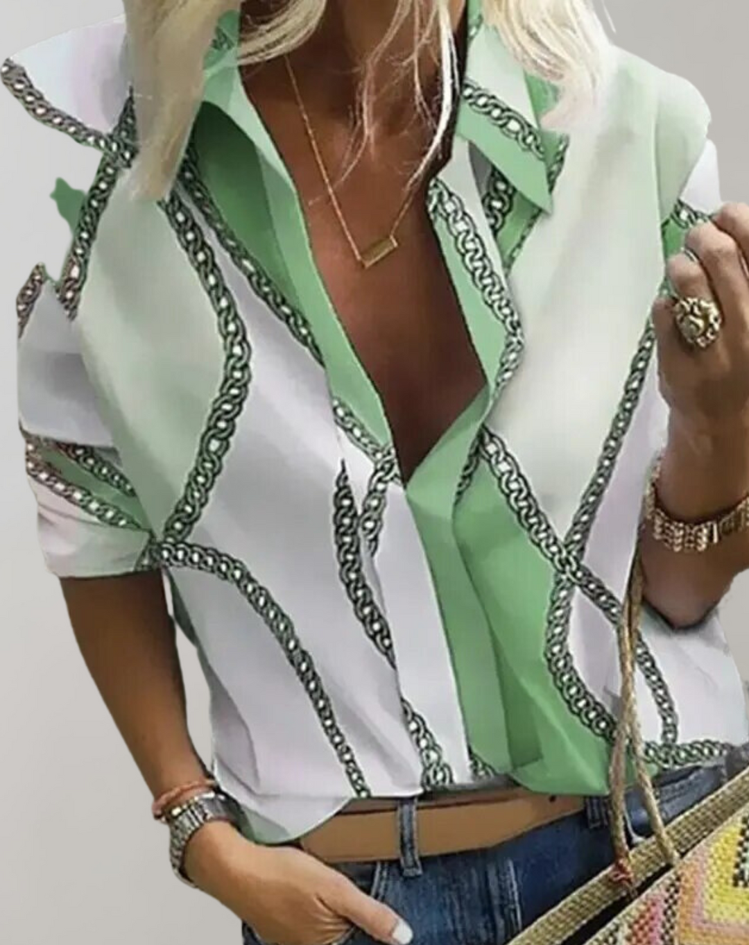 Elegant women's long sleeve blouse with a modern chain pattern, perfect for sophisticated office or casual chic wear.