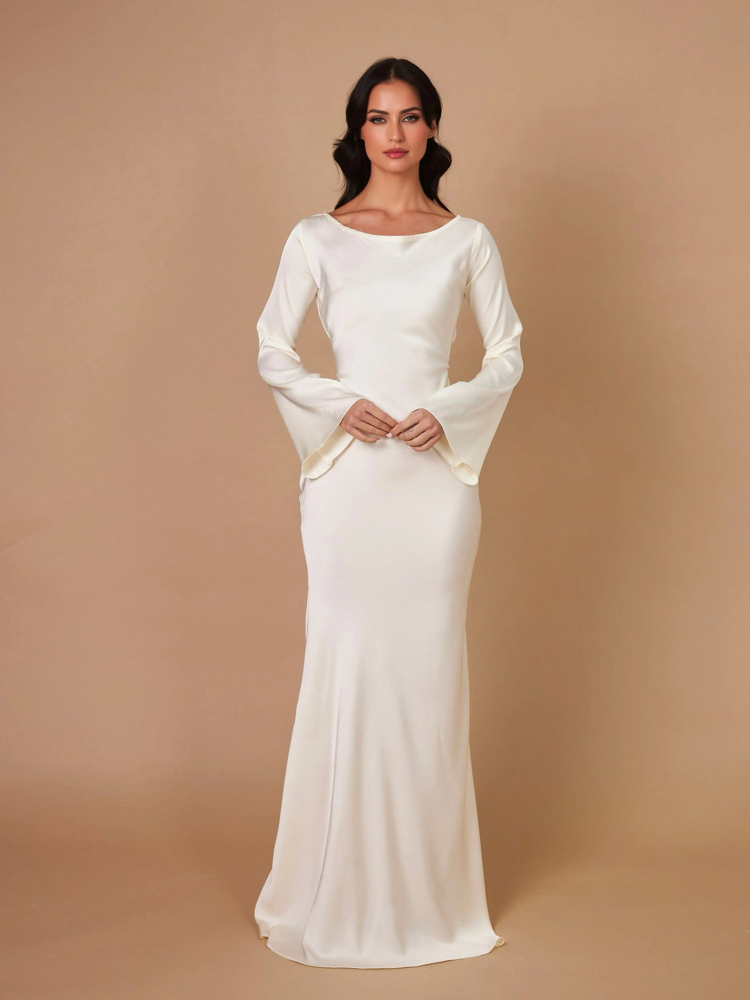 Formal black long sleeve maxi dress, elegant women's evening wear. A chic party dress option.