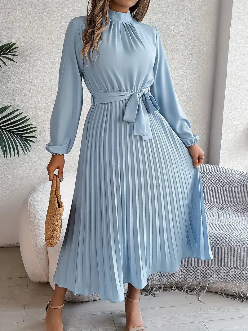 Elegant women's long sleeve pleated belted maxi dress in black, perfect for formal events & evening wear.
