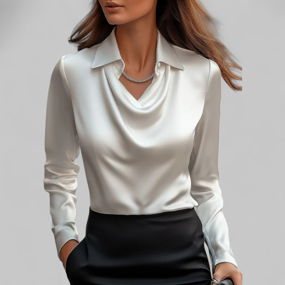 Elegant women's long sleeve satin blouse with draped neckline, perfect for office wear or formal events.