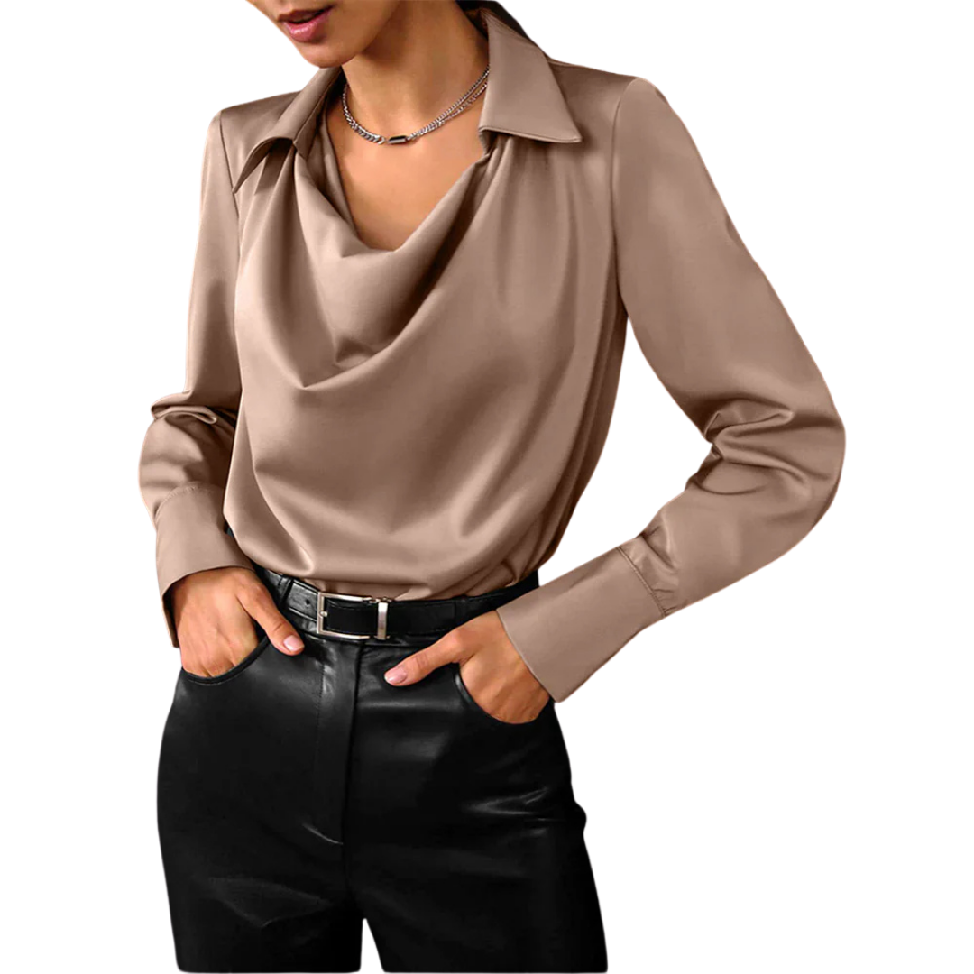 Fashionable women's satin blouse with long sleeves and elegant draped neckline, ideal for officewear.