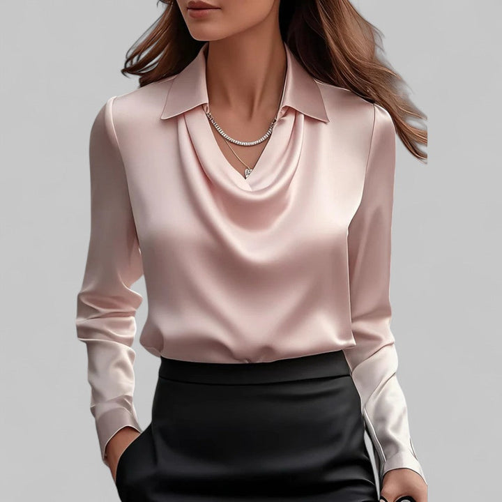 Women's sophisticated long sleeve satin blouse with a beautiful draped neckline, ideal for office and evening.