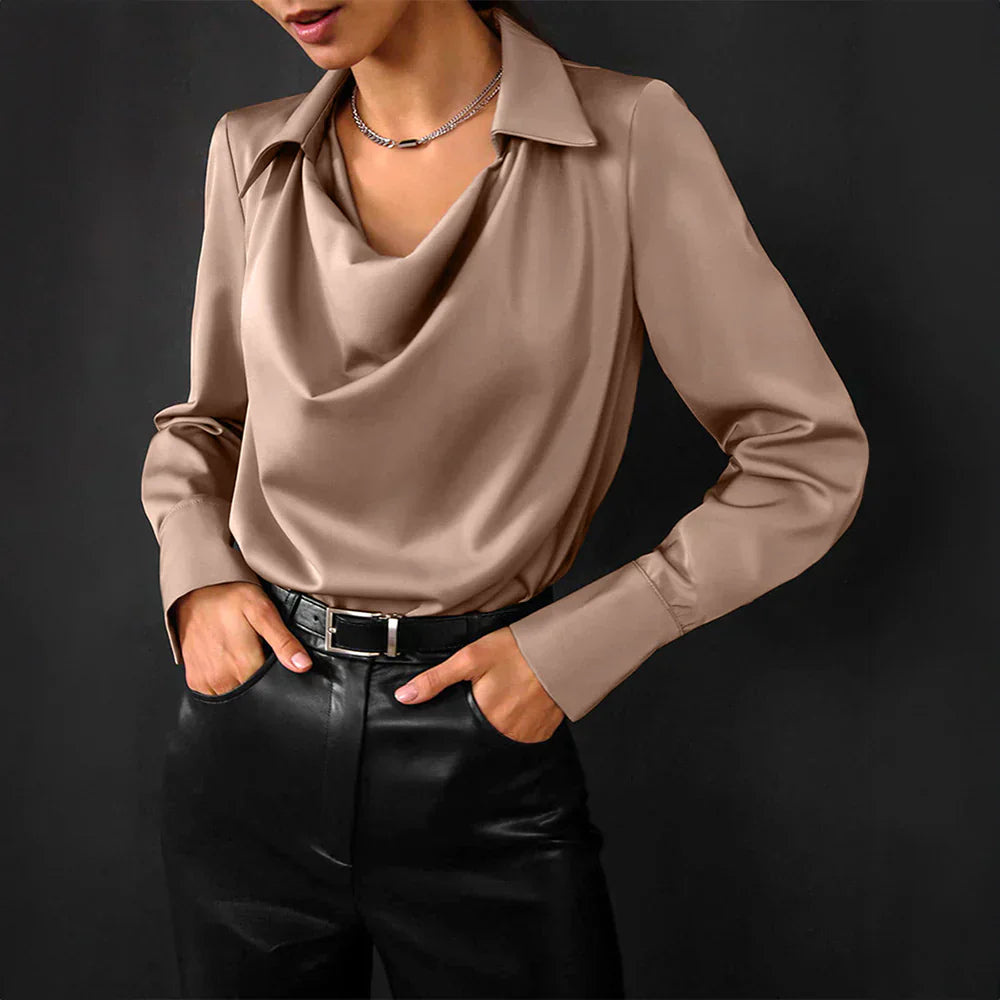 Versatile women's long sleeve satin blouse featuring a sophisticated draped neckline.