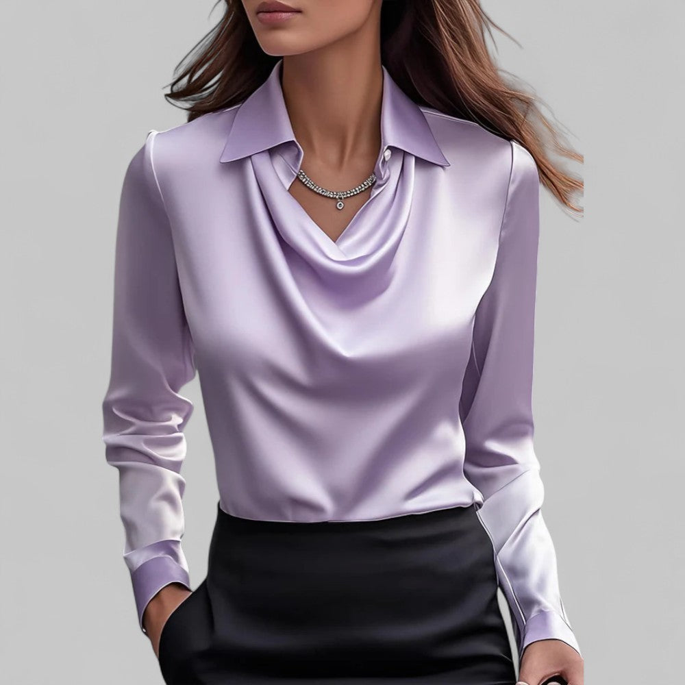 Fashionable long sleeve satin top for women, featuring an elegant draped neckline, classic and versatile.