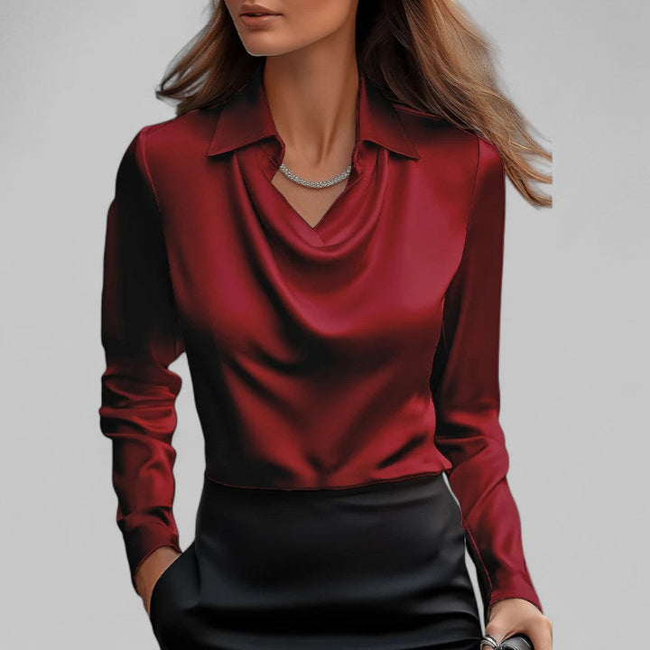 Draped neckline long sleeve satin blouse, offering a luxurious and elegant look for women's formal wear.