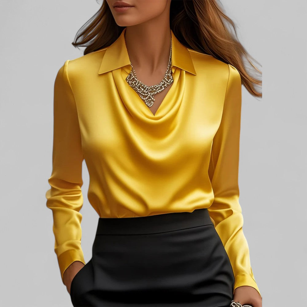 Satin long sleeve top for women, designed with an elegant draped neckline, perfect for a chic party look.