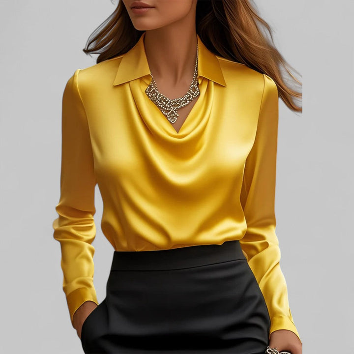 Satin long sleeve top for women, designed with an elegant draped neckline, perfect for a chic party look.