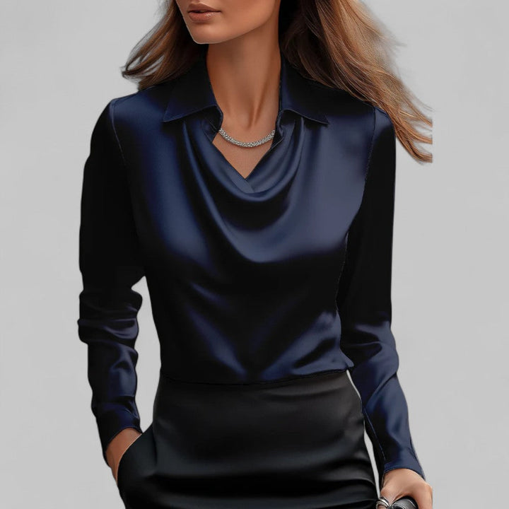 Formal women's long sleeve satin blouse, presenting a draped neckline for an elevated and elegant style.