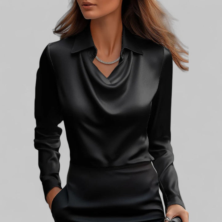 Elegant women's office wear, a long sleeve satin blouse with a graceful draped neckline, very fashionable.