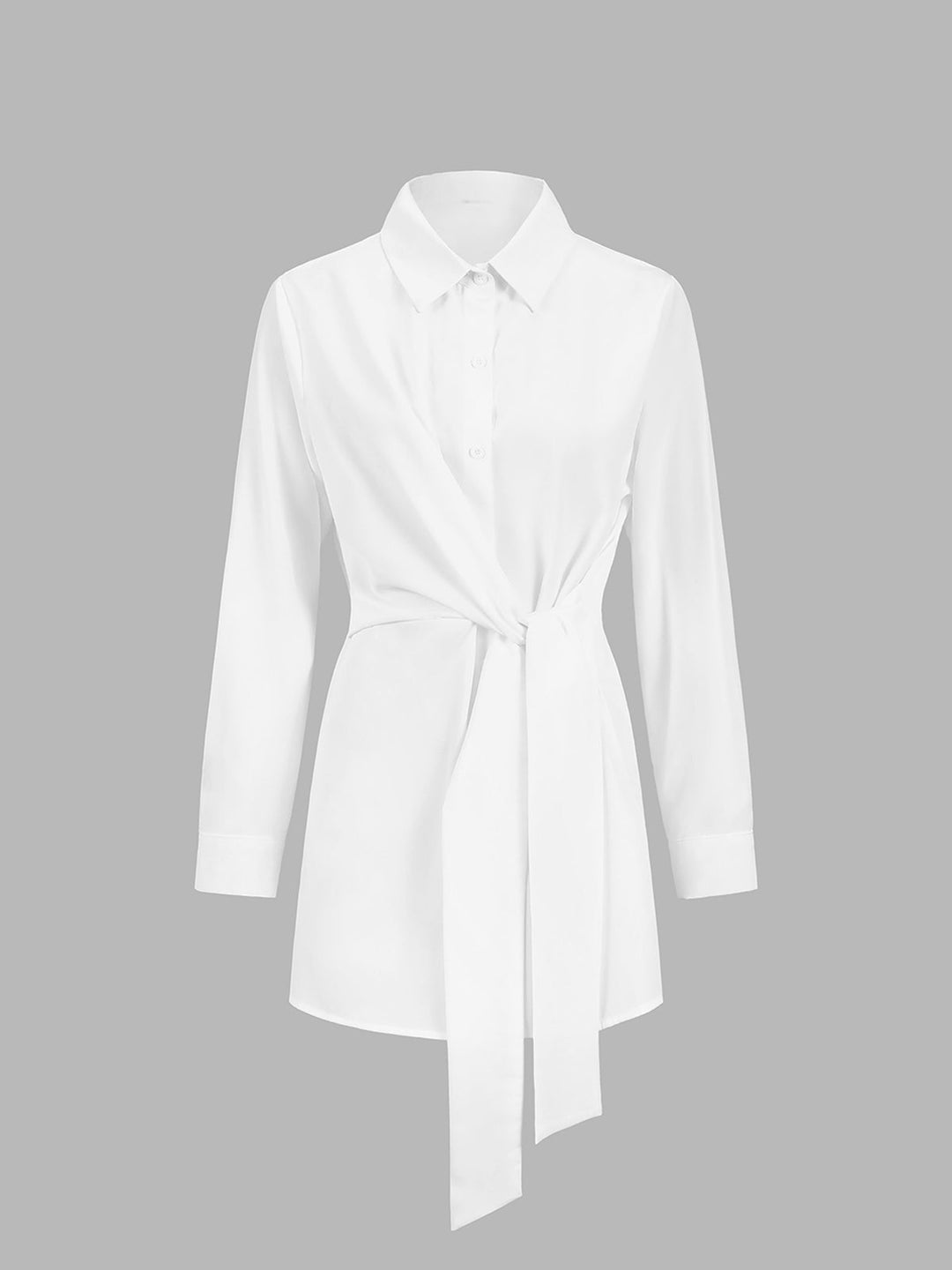 Elegant women's long sleeve shirt with tie belt waist, perfect for timeless office or chic casual wear.