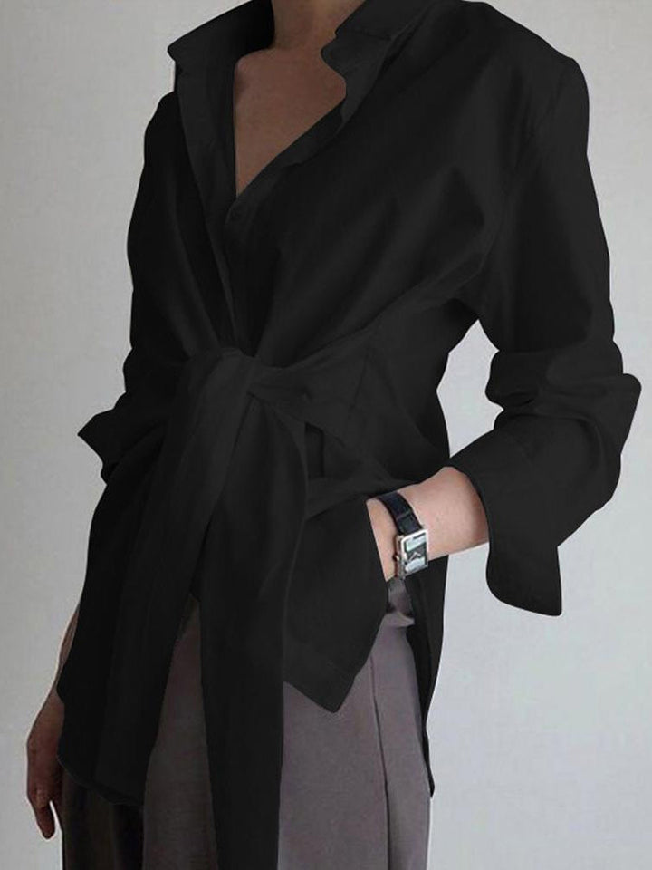 Timeless women's tie belt shirt, a versatile long sleeve blouse suitable for chic casual or smart-casual styles.