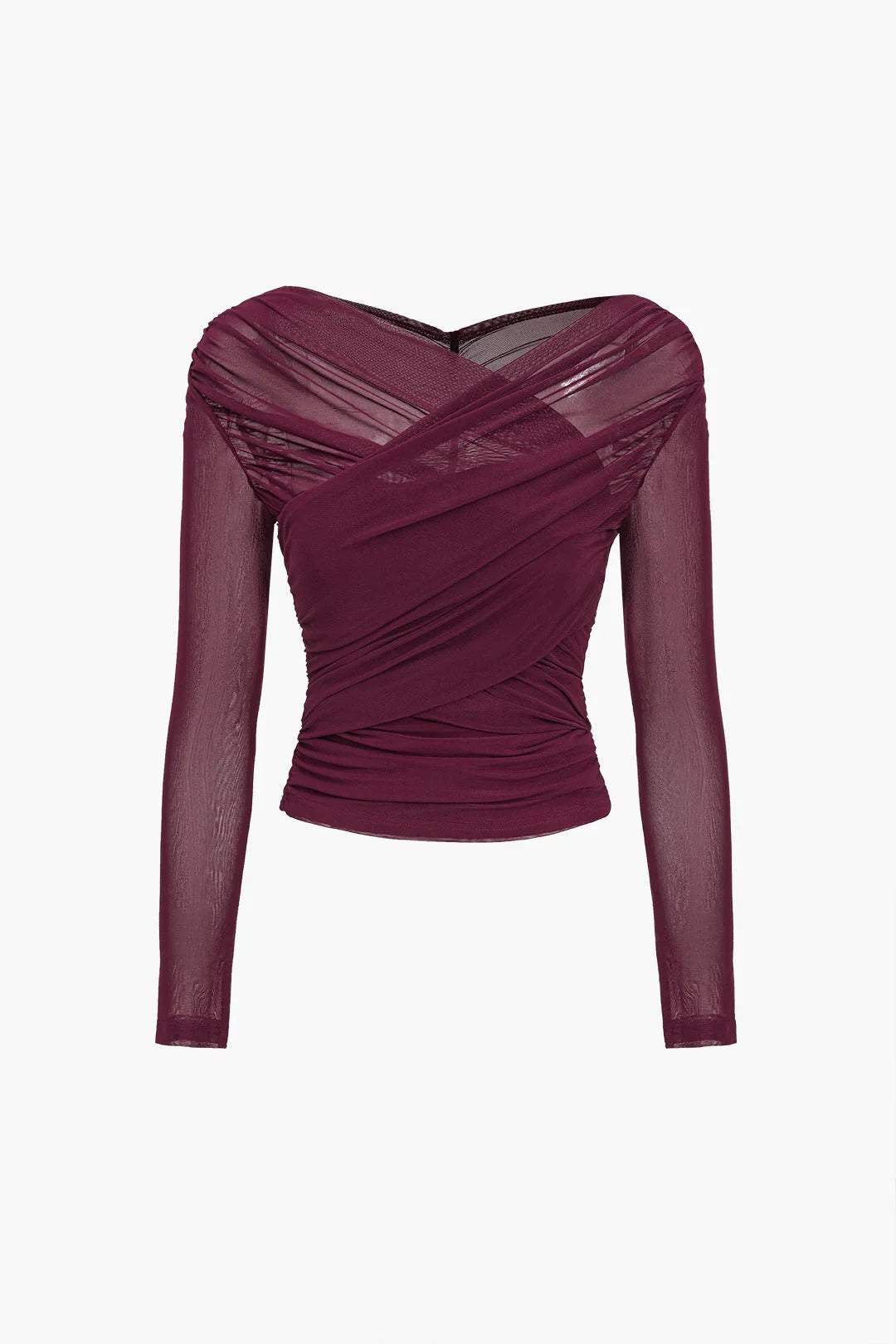 Fitted stretch long sleeve women's top. Flattering ruched cross-front design for comfort and elegant style.