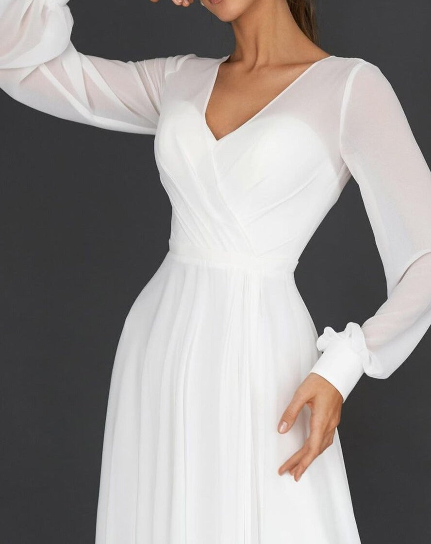 Elegant women's long sleeve V-neck pleated dress, perfect for formal occasions, parties, and special events.