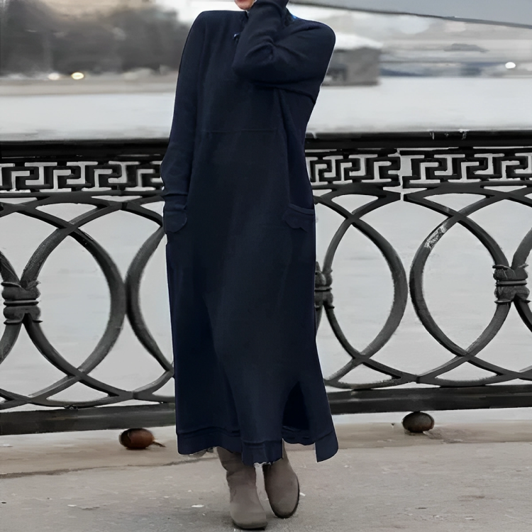 Flattering Greta women's midi dress with long sleeves, cozy and comfortable for winter elegance.