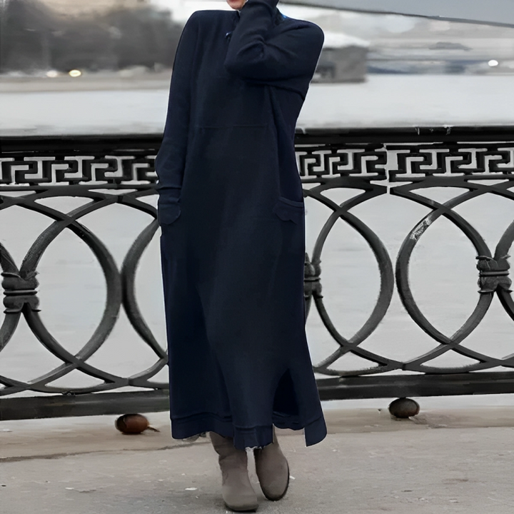 Flattering Greta women's midi dress with long sleeves, cozy and comfortable for winter elegance.