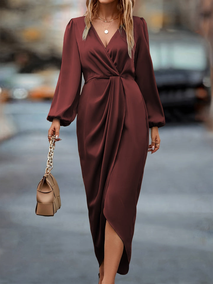 Stylish women's midi wrap dress with long sleeves, ideal for formal or casual events