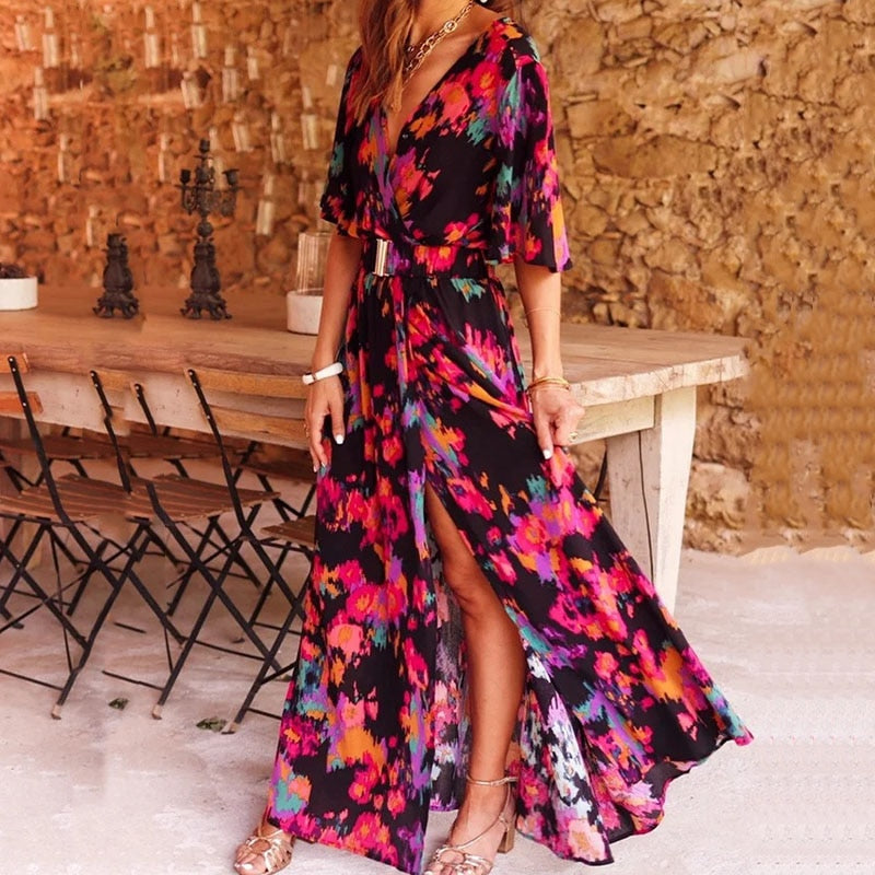 Flattering black women's long sleeve wrap midi dress, designed for comfort and versatile elegant styling.