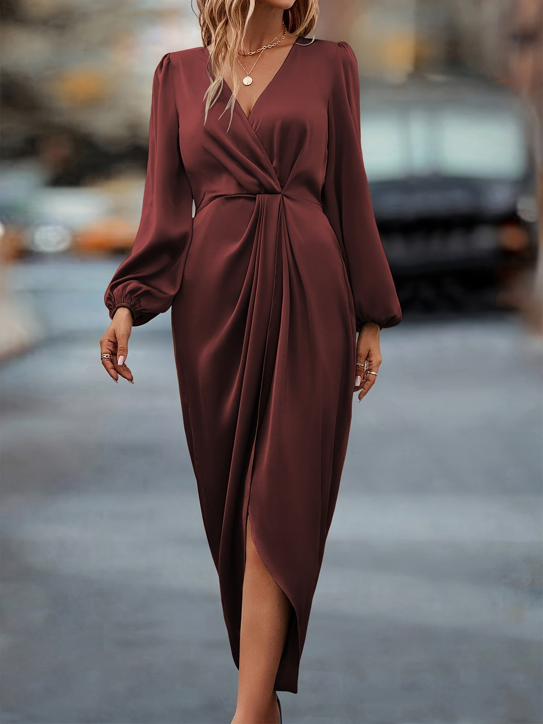 Women's elegant long sleeve wrap midi dress, suitable for party or formal occasions