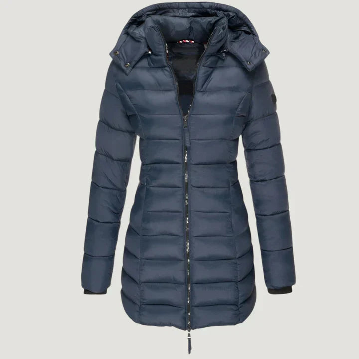Elegant women's long winter coat, warm and weather-resistant, perfect for cold weather fashion.