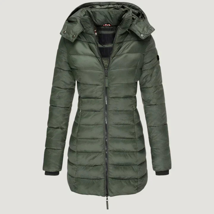 Fashionable women's insulated winter jacket, long-cut for warmth, ideal elegant outerwear.