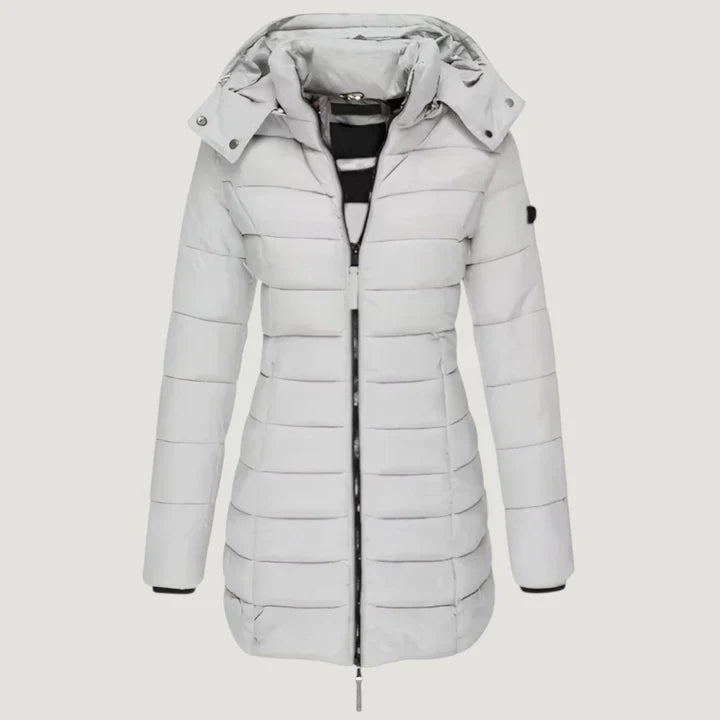 Long elegant women's winter jacket in a classic cut, offering warmth and style for winter outerwear.