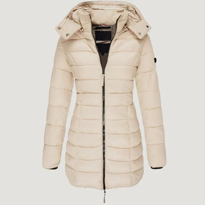Insulated women's warm winter coat, weather-resistant and fashionable, a must-have long jacket.