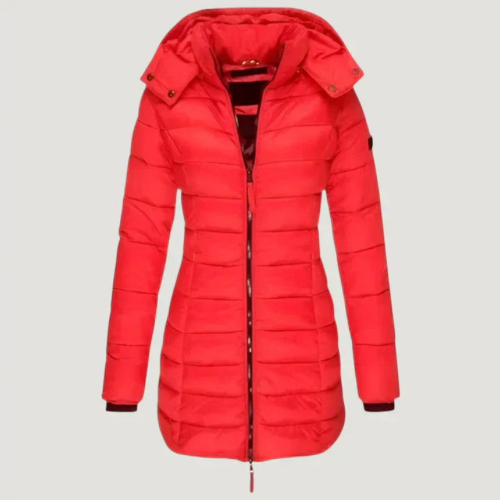 Women's elegant winter jacket, a long and warm coat with weather-resistant features for practical fashion.