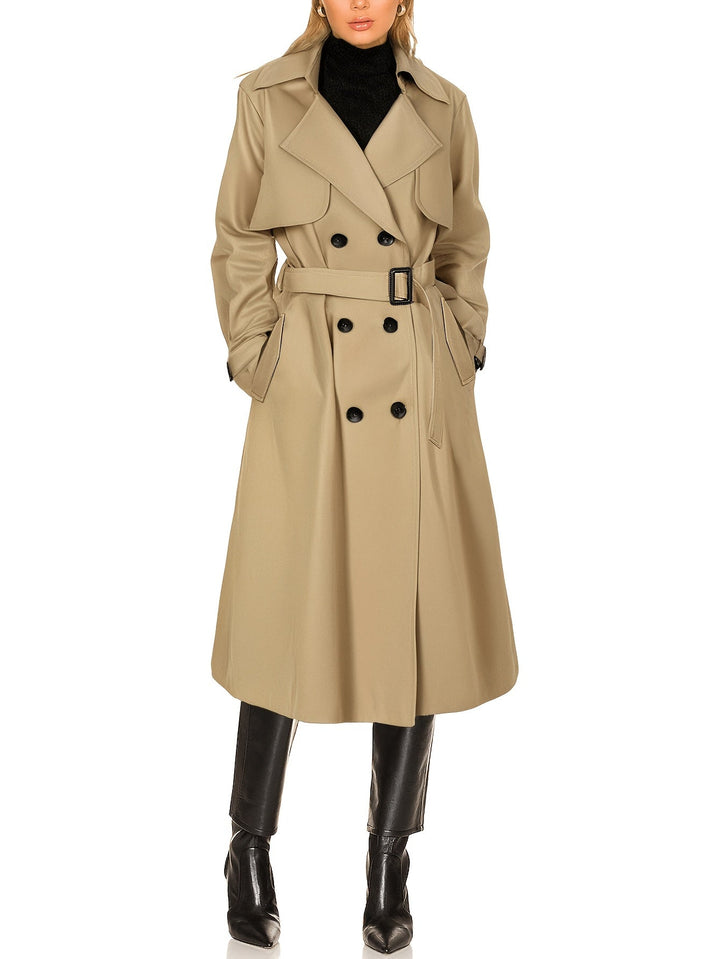 Elegant women's longline khaki trench coat, double-breasted office fashion outerwear for fall