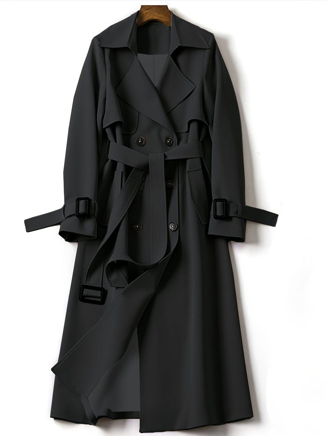 Women's sophisticated longline trench coat in classic khaki, ideal for elegant fall office wear