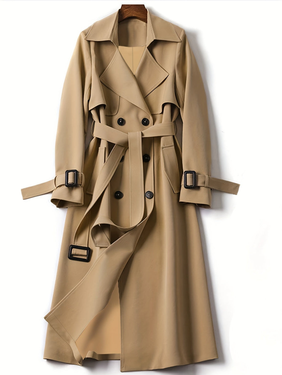 Close-up of a women's elegant double-breasted office trench coat, showcasing fabric detail