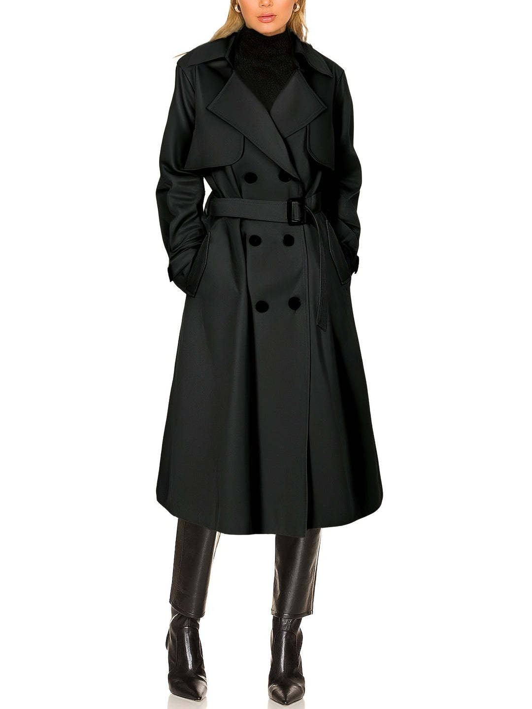 Full shot of a model wearing a chic longline black trench coat, embodying elegant business fashion