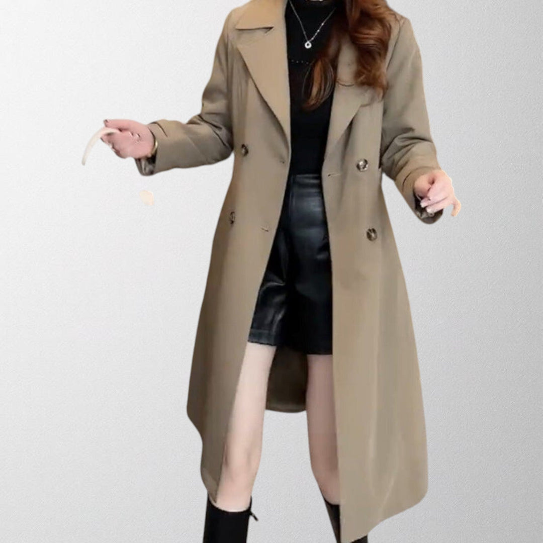 Classic women's trench jacket, a chic longline coat for elegant apparel, ideal for transitional seasons.