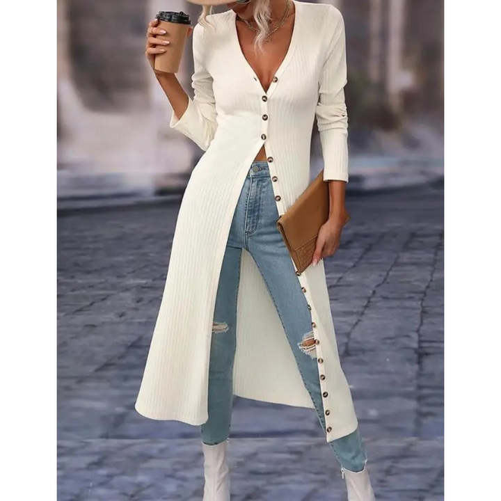 Elegant women's longline v-neck button jacket, perfect for spring/fall, offering comfortable, versatile style.