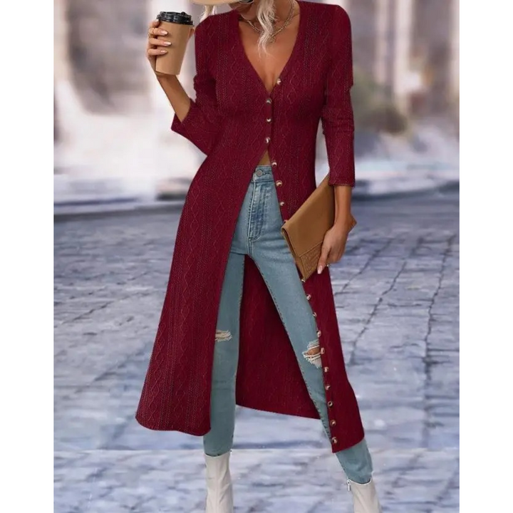Comfortable & elegant women's longline V-neck button jacket, ideal for casual chic spring and fall outfits.